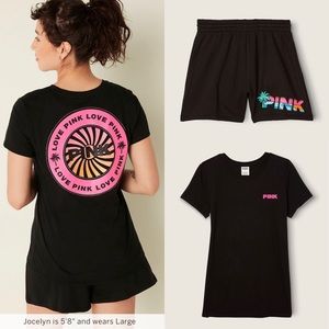 VS PINK 2 Piece SET Pure Black Tropical Tee & Matching 3.5” Campus Sweat Shorts